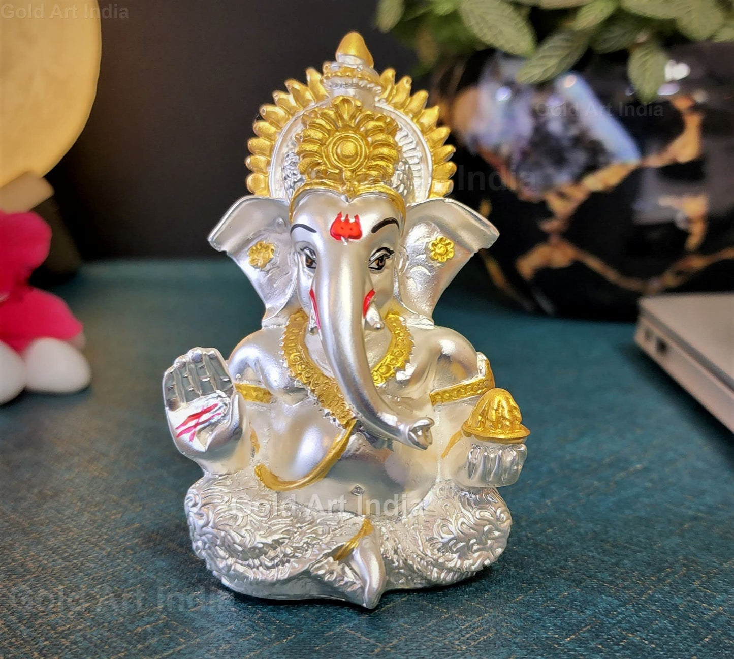 Gold Art India Ganesha Idol | Ganesh Statue for Home Decor | Ganesha murti for Office Desk, & Ganpati Idol for Car Dashboard | Unique Wedding & Birthday Gift (Gold Antique 3.5")