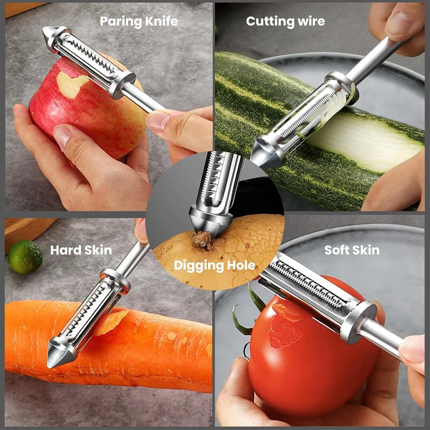 Storite Stainless Steel Peeler for Vegetables and Fruits, 5 in 1 Multifunctional Peeler with Bottle Opener Function for Kitchen, Versatile & Durable Vegetable Peeler for Salad Preparation - Silver - Springkart 
