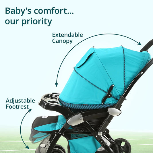 LuvLap Galaxy Baby Stroller, Pram for Baby with 5 Point Safety Harness, Spacious Cushioned seat with Multi Level seat Recline, Easy Fold, Lightweight Stroller for 0 to 3 Years (Green & Black)