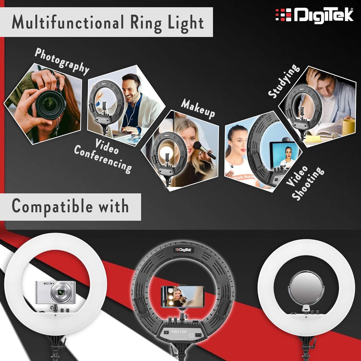 DIGITEK® (DRL-18H C) 18 Inch LED Ring Light with 158cm Stand - AC/DC Power, Color Temperature Control, Lighting Intensity Control - Photography, Video, Makeup, and Live Streaming - USB Powered - Springkart 