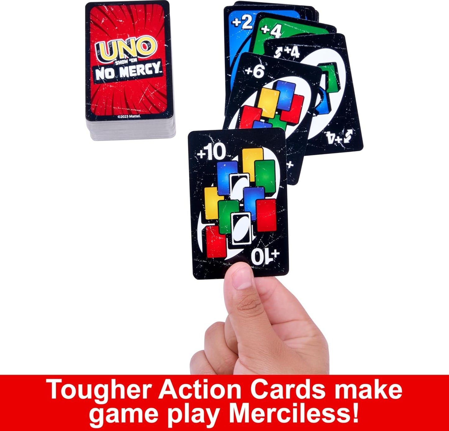 Mattel Games ​UNO Show ‘em No Mercy Card Game for Kids, Adults & Family Parties and Travel with Extra Cards, Special Rules and Tougher Penalties.