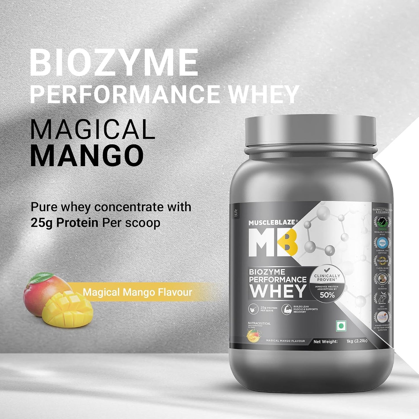 MuscleBlaze Biozyme Performance Whey Protein Powder, 1kg (2.2lbs) | Magical Mango | 25g Protein Per Scoop | Clinically Tested 50% Higher Protein Absorption