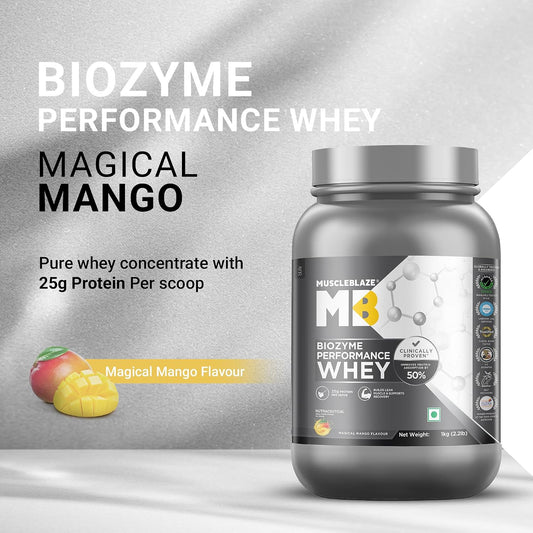 MuscleBlaze Biozyme Performance Whey Protein Powder, 1kg (2.2lbs) | Magical Mango | 25g Protein Per Scoop | Clinically Tested 50% Higher Protein Absorption
