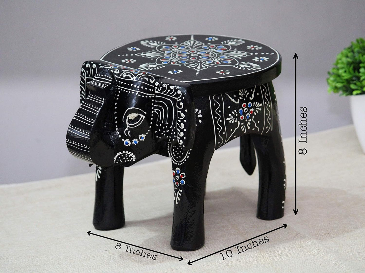 JH Gallery Handcrafted and Emboss Painted Colorful Wooden Elephant Shape Stool Table (8 Inches Height, Black)