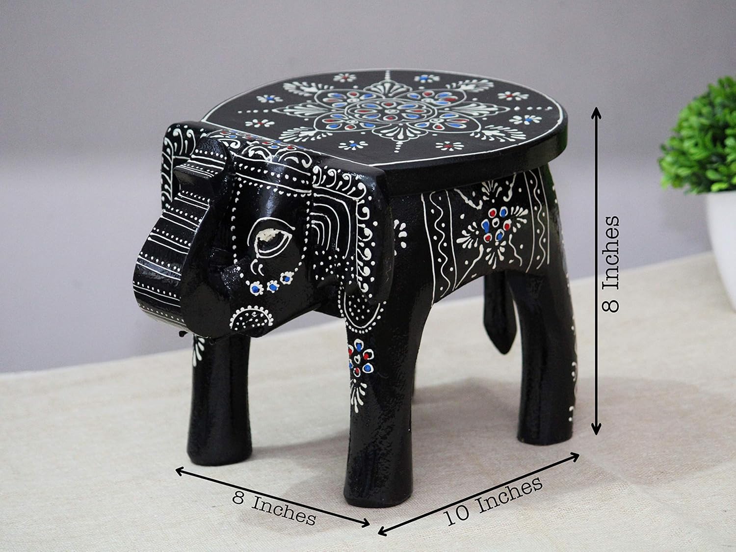 JH Gallery Handcrafted and Emboss Painted Colorful Wooden Elephant Shape Stool Table (8 Inches Height, Black)
