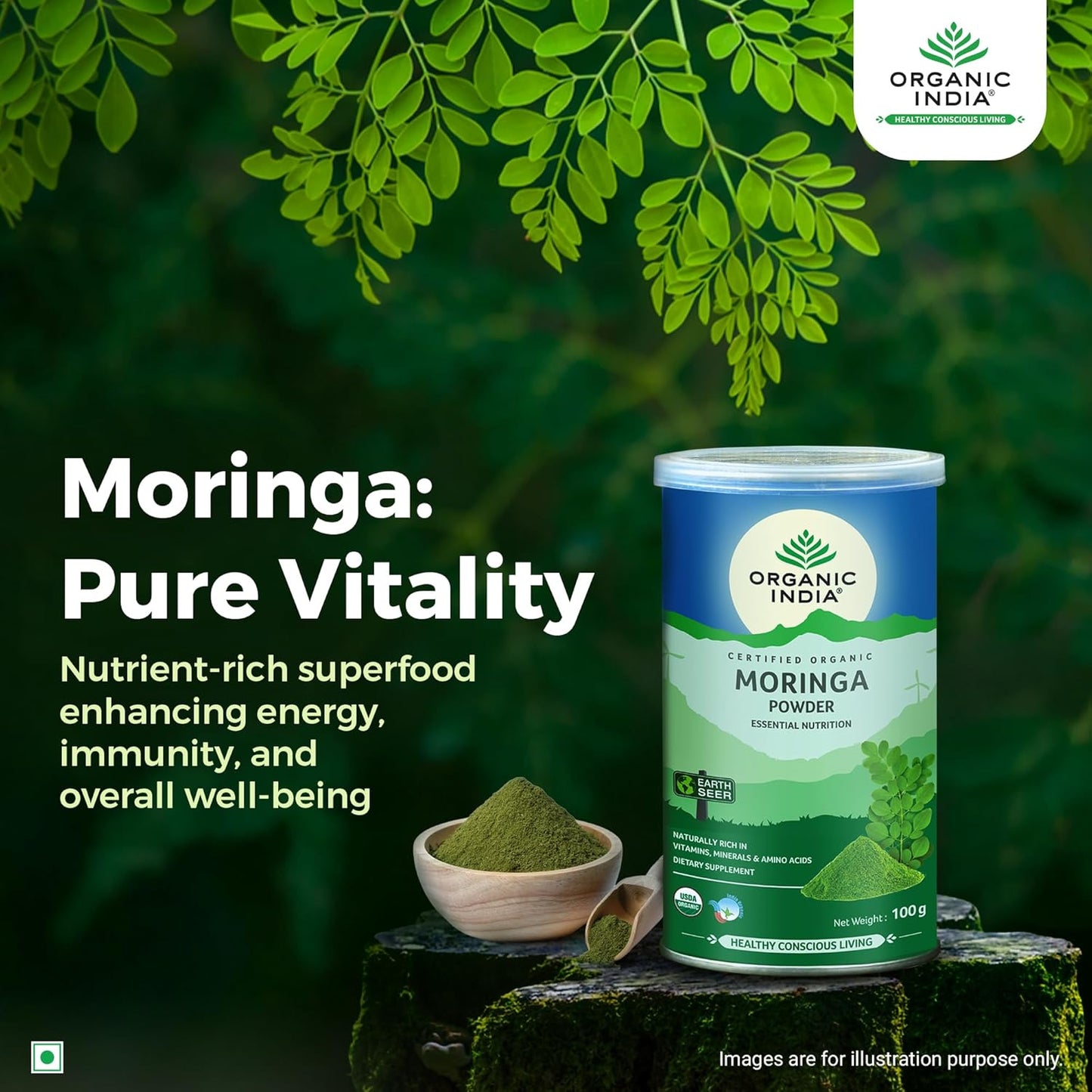 A TATA Product - Organic India Moringa Powder - 100g, Essential Nutrition Superfood, Helps Naturally Boost Energy Levels, Improves Stamina & Vitality, Rich In Vitamins & Minerals - Springkart 