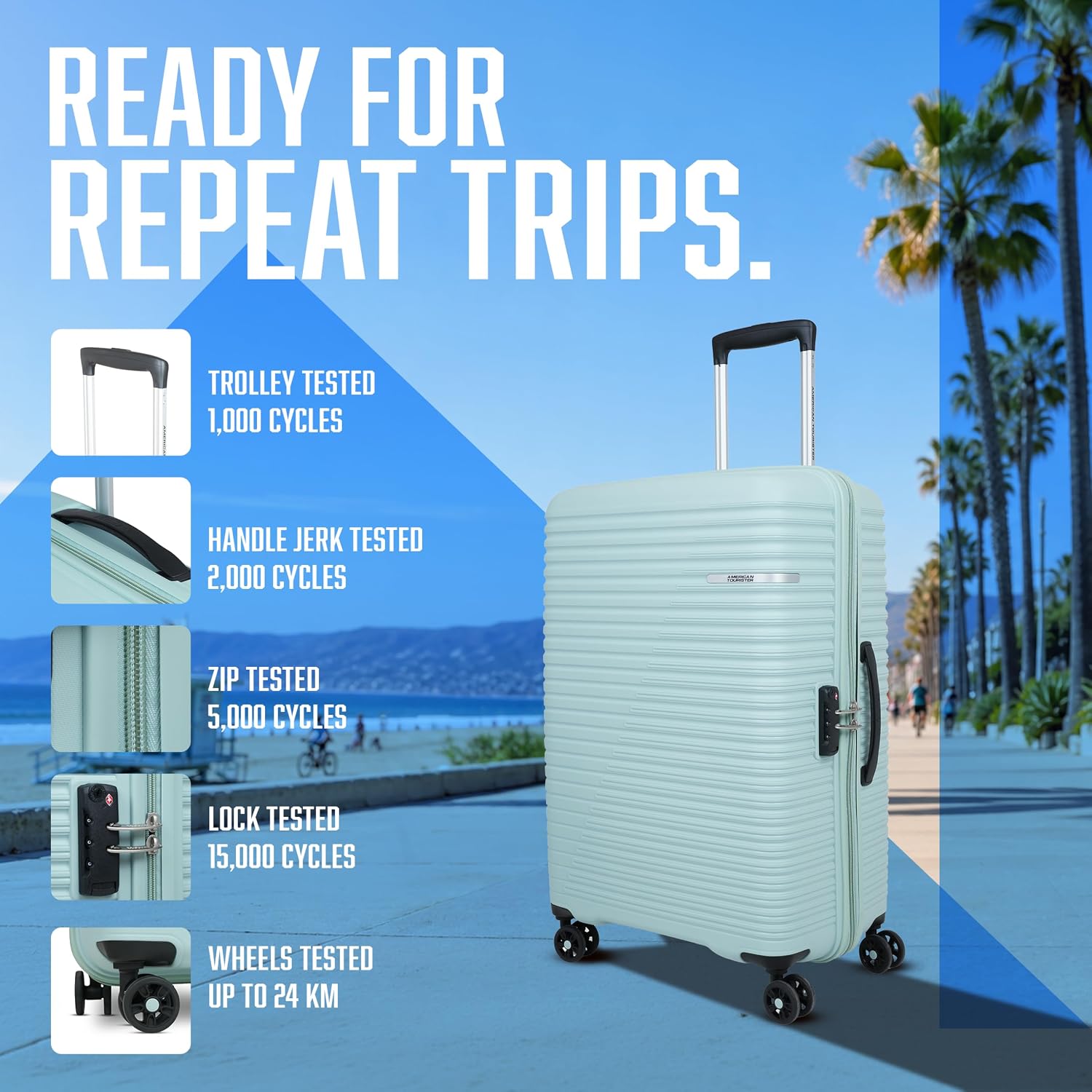 American Tourister Liftoff+|Medium Size Check-in Spinner Trolley Bag (67 cm) for Travel|360° 8 Wheel Travel Luggage|Hard Case Polypropylene (PP) Suitcase|Mounted TSA Lock|Seafoam Blue