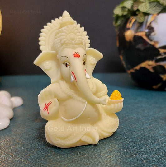 Gold Art India Ivory Ganesha Idol for Car Dashboard,Lord Ganpati Diwali Gifts, Home Decor, Office Desk, House Warming (IVORYMUKUT (Size: 3.5 x 2 inches), Ceramic, Religious