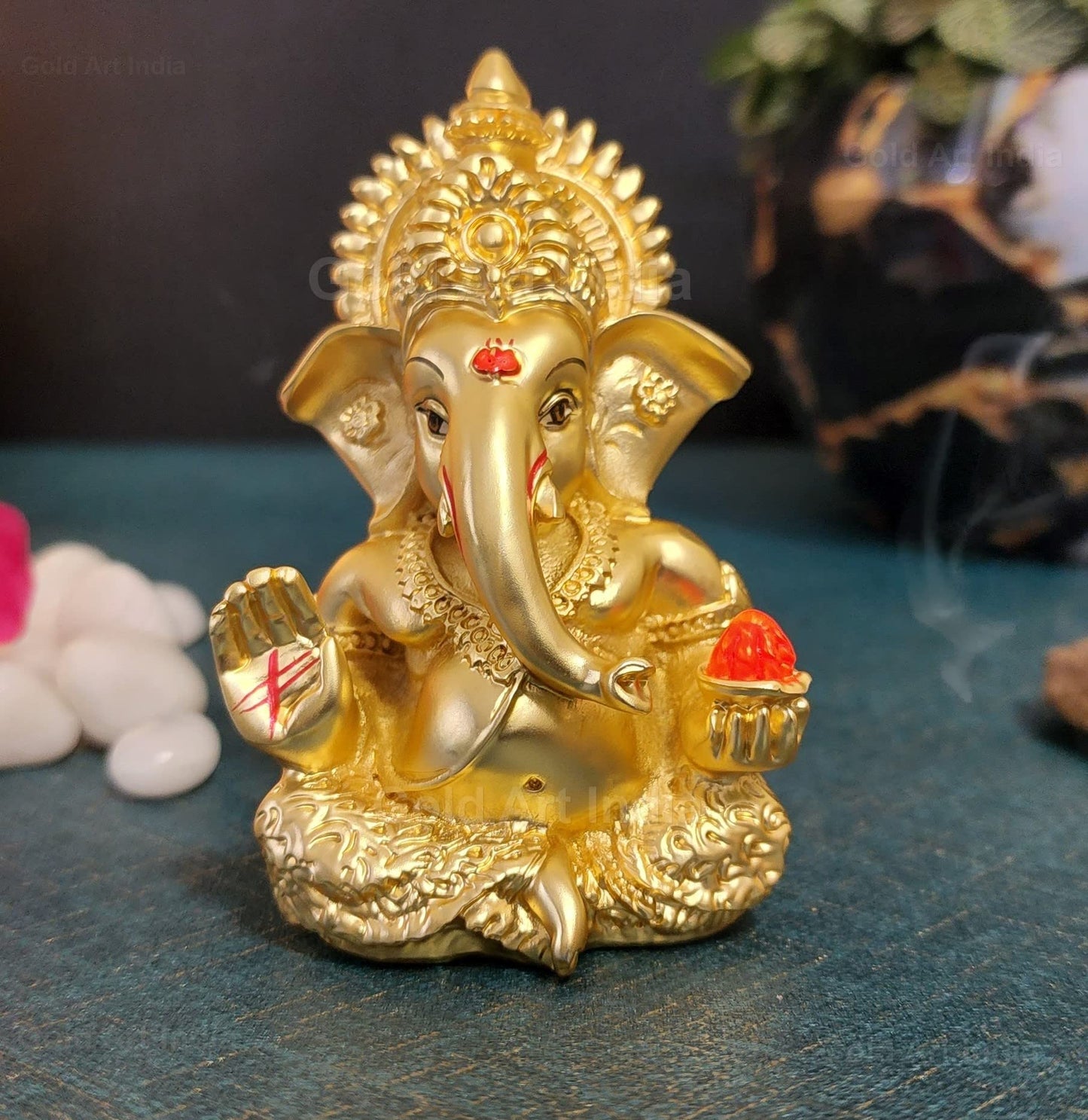 Gold Art India Ganesha Idol | Ganesh Statue for Home Decor | Ganesha murti for Office Desk, & Ganpati Idol for Car Dashboard | Unique Wedding & Birthday Gift (Gold Antique 3.5")
