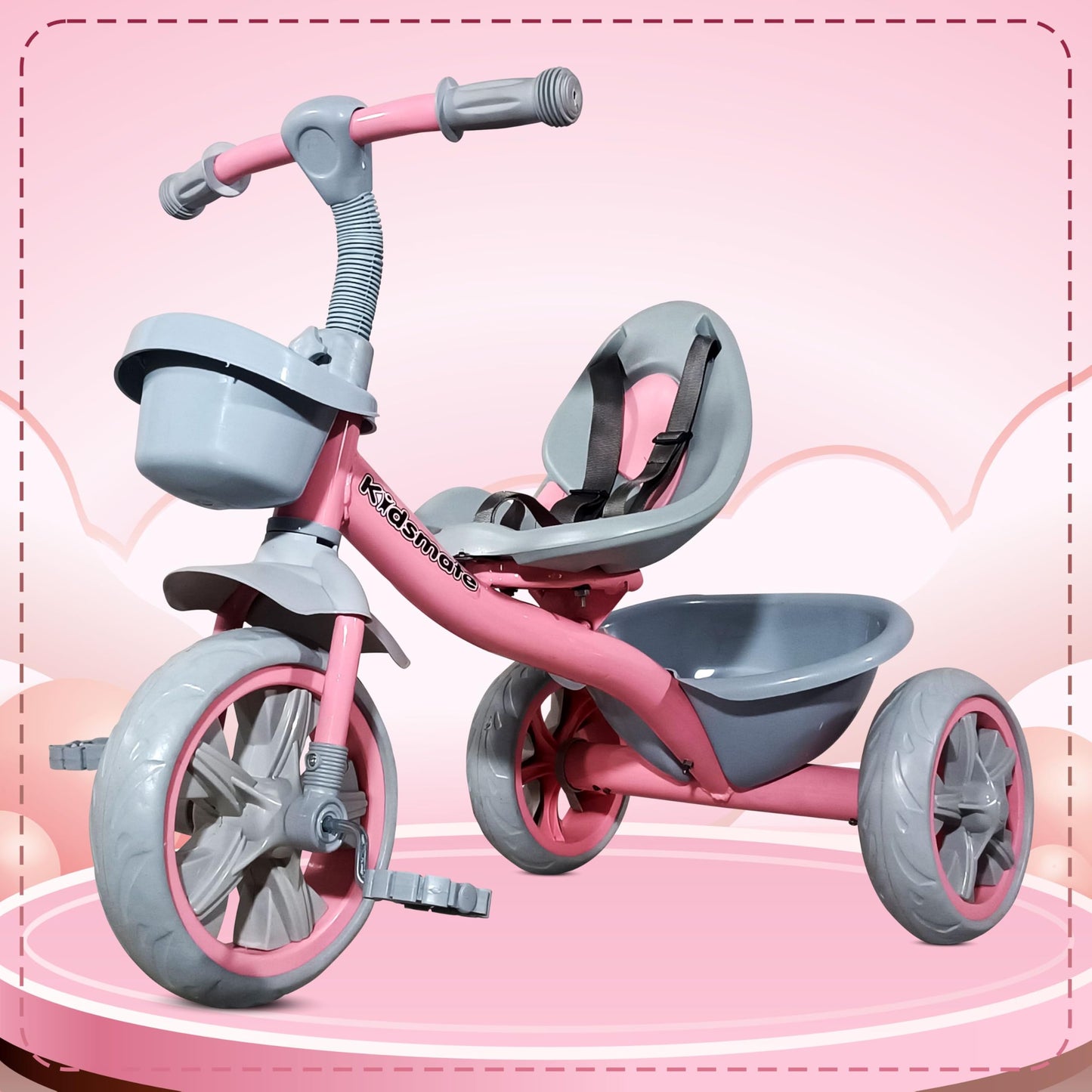 Kidsmate Junior Tricycle for Kids with Parental Control | Cycle for Kids 1-4 Years | Baby Cycle | Bicycle for Kids with Storage Basket, Cushion Seat and Seat Belt Carrying Capacity 30 Kgs (Pink) - Springkart 