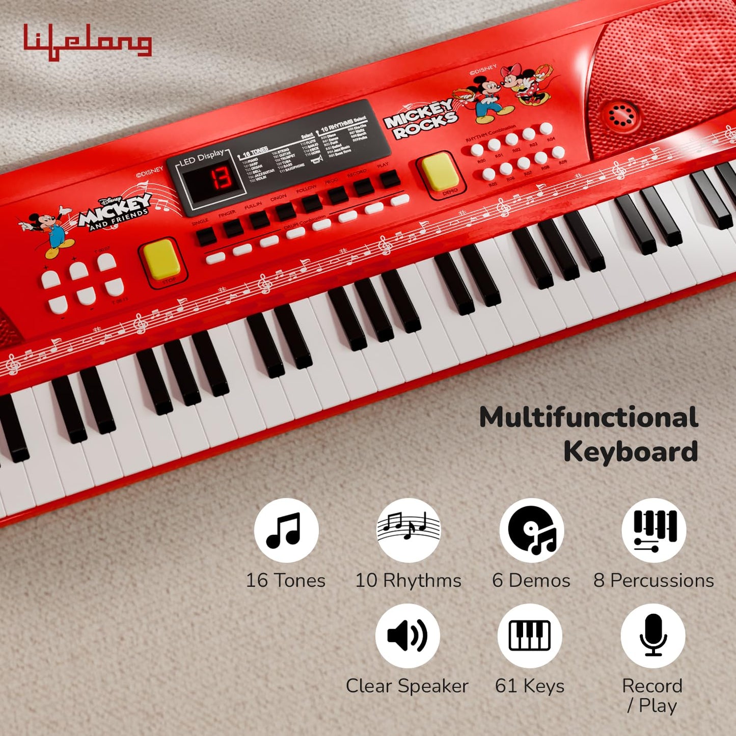 Lifelong Disney Mickey Electronic Piano Keyboard - 61 Keys | Mic & One Side Speaker | 16 Tones, 10 Rhythms, 8 Percussions | Song Record, Finger Chord & Demo Modes | Microphone, USB Powered | 2+ years