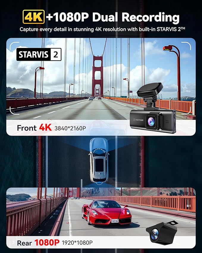 REDTIGER F7N Elite 4K HDR Dual Dash Cam Front & Rear, Sony STARVIS 2 Sensor, 5.8GHz WiFi APP, Built-in 128GB, 3.18" Touchscreen, Voice Control, GPS, 24H Parking Mode, WDR