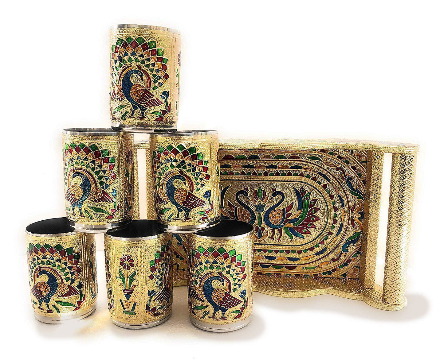 Peacock Design Glass with Handle and Handicraft Serving Tray Set - Springkart 