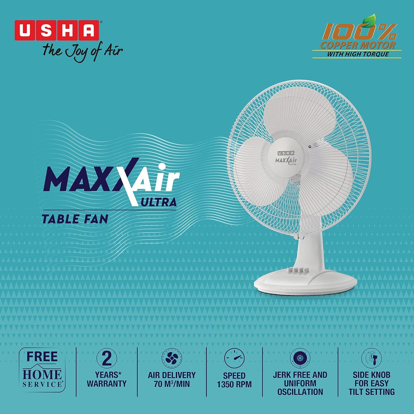 USHA Maxx Air Ultra Table Fan | 400MM Sweep Size | 1350 RPM | Aerodynamic Blade Design for High Air Delivery | Corrosion Protection with Plastic Blades | 3 Speed Settings | 100% Copper Motor | 2 Year Warranty | White