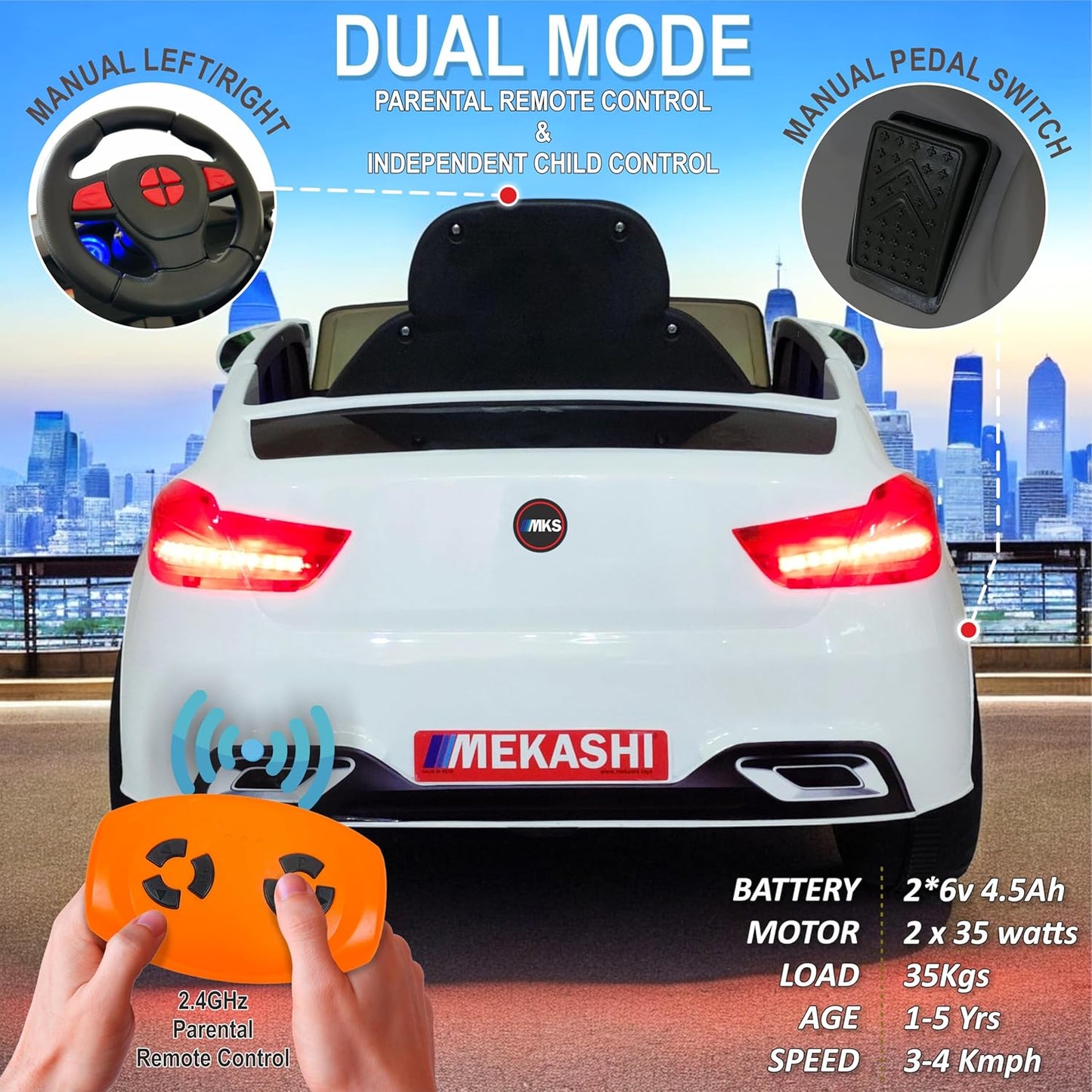 MEKASHI Electric car for Kids Ages 1 to 4 Years with 12V Rechargeable Battery, Remote Control, Bluetooth Music Player, LED Lights, ISI Mark (MKS-004, White)