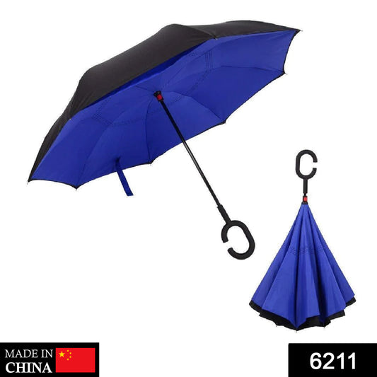 6211 Plain Design Windproof Upside Down Reverse Umbrella With C-shaped Handle - Springkart 