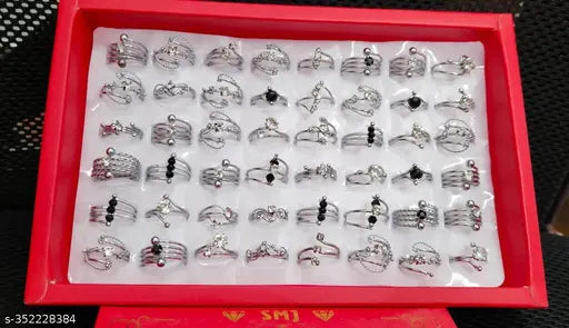 Pack of 48 Silver plated Rings with Mix design for Girls, Women & Ladies(1 Box)