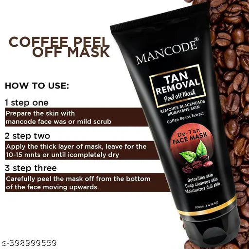 Mancode De-Tan Peel off Face Mask for Men and Women 100ml | Coffee Extract to Remove Tan & Deep Cleansing Exfoliator Peel Mask for Face, Defeat Blackheads & Whiteheads, De-Tan Face Peel of Mask for Glowing Skin and White & Brighten Skin