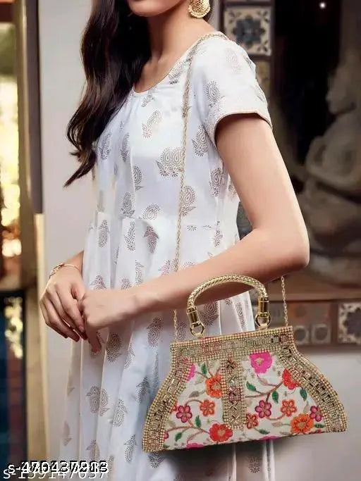 Stylish Fancy Designer Wedding Party Classy Trendy Gold Chain Strap Handcrafted Clutch For Women