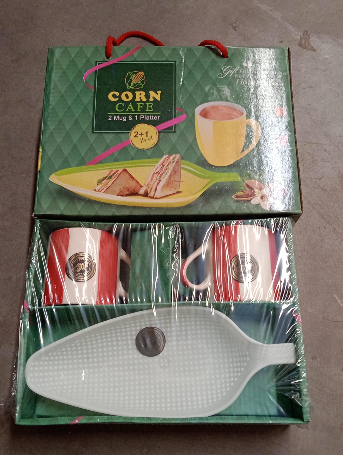 Corn Cafe Ceramic Tea / Cups Set Including Plastic Leaf Shape Serving Platter Milk Cup, Coffee Cup, Tea Cup, Breakfast Cup / Mug, or Outdoor for Household Gift For Birthday (3 Pcs Set) - Springkart 