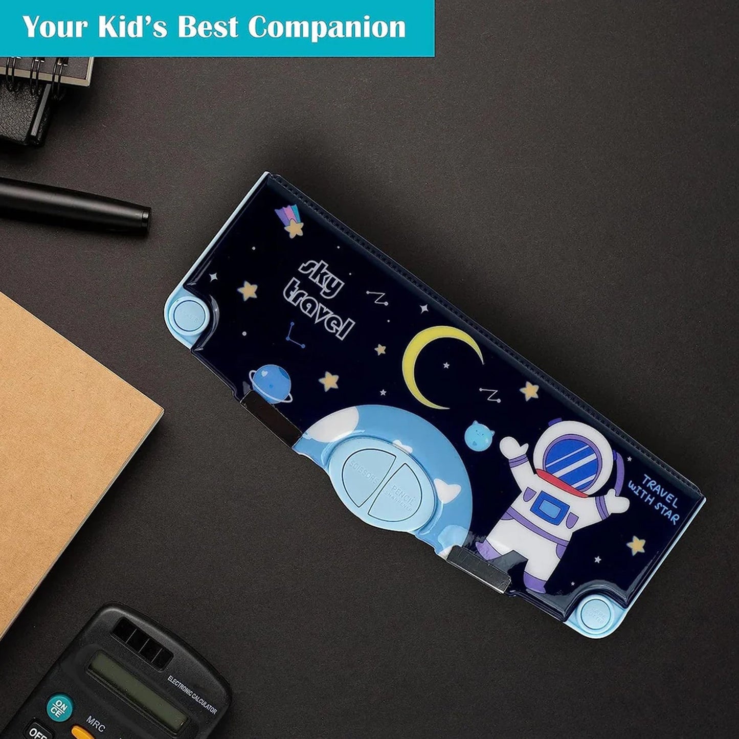 Multifunctional pencil box for kids with space graphics