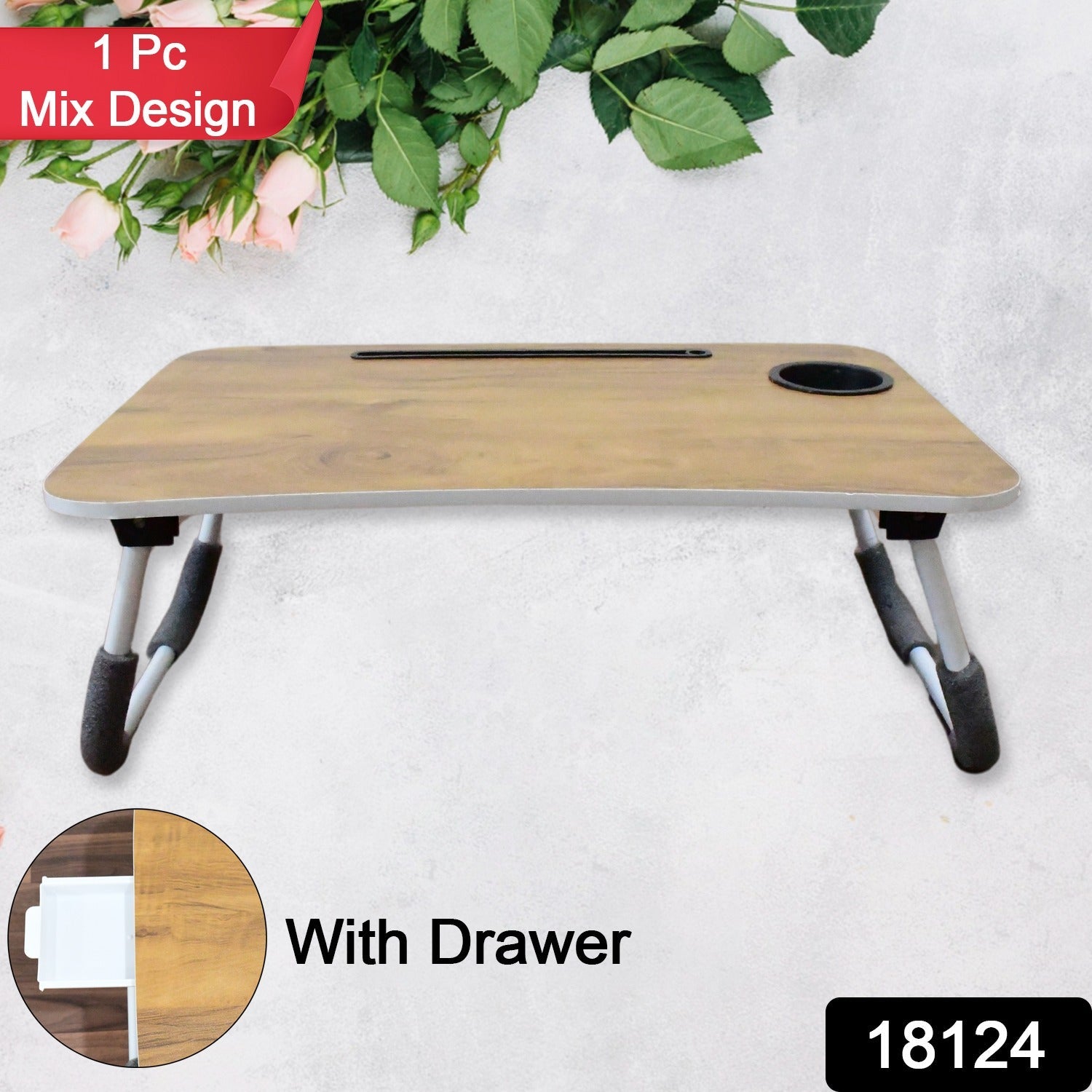 Multi-Purpose Laptop Desk for Study and Reading with Foldable, Cupholder & Drawer (1 Pc / Mix Plain Design / 58×38 Cm) - Springkart 