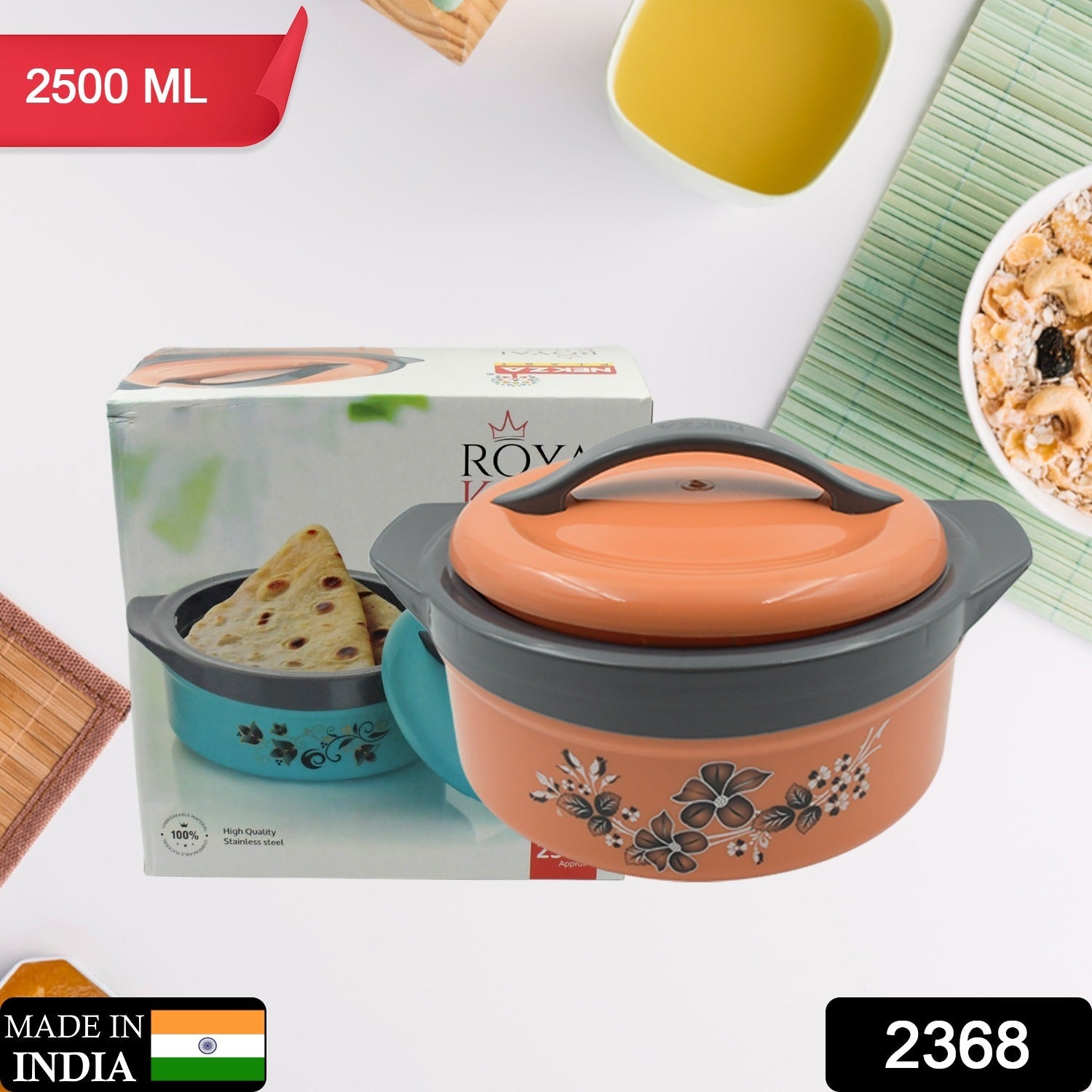 Casserole Box for Food Searving Inner Steel Insulated Casserole Hot Pot Flowers Printed Chapati Box for Roti Kitchen (Approx 2500 ml) - Springkart 