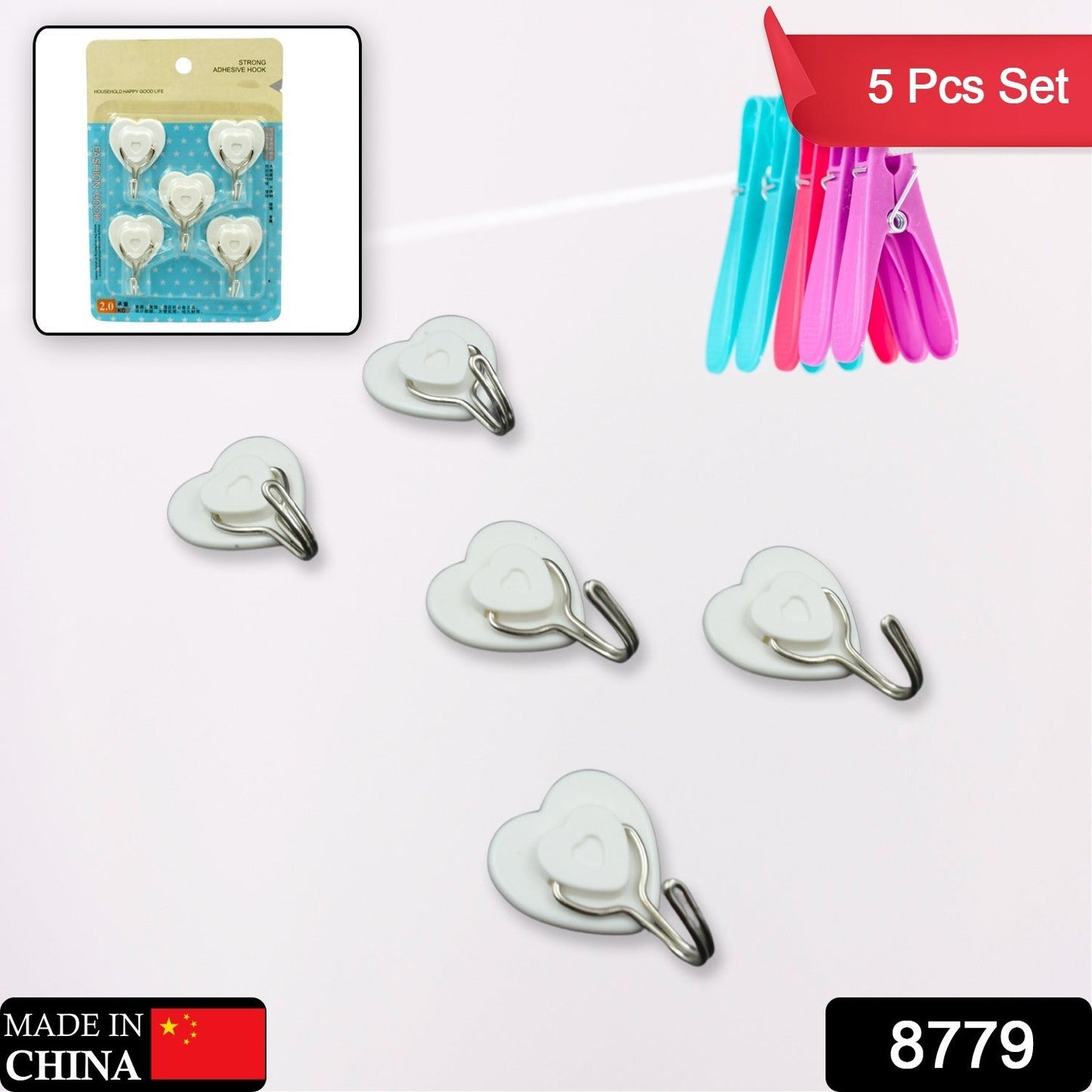 Multipurpose Strong Hook Self-Adhesive hooks for wall Heavy Plastic Hook, Sticky Hook Household For Home , Decorative Hooks, Bathroom & All Type Wall Use Hook , Suitable for Bathroom, Kitchen, Office (5 Pc Set) - Springkart 
