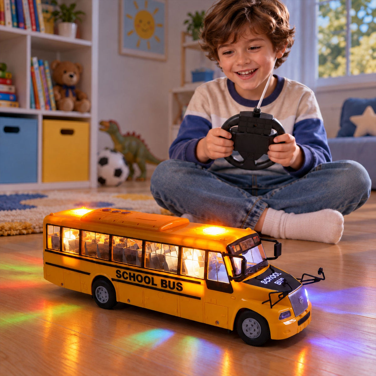 Rechargeable Remote Control School Bus Toy With Lights And Music (1 Set)