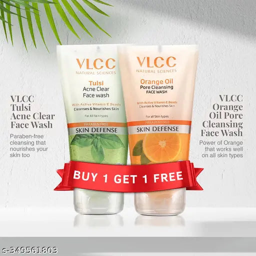 VLCC Tulsi Acne Clear Face Wash with FREE Orange Oil Pore Cleansing Face Wash -  with Buy One Get One - 300 ml