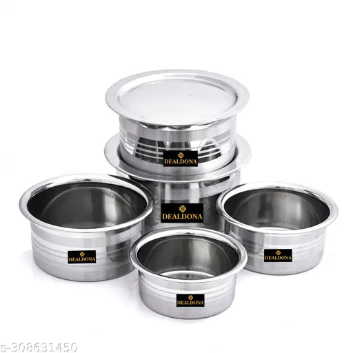 Dealdona Stainless Steel Patila Bhagona Tope Set With Lid Handi Milk Storage Tapeli Tapela Serving Set Cookware - Pot 20 cm, 18 cm, 16 cm, 14 cm, 12 cm diameter 2000 ML, 1500 ML, 1000ML, 750 ML & 500 ML capacity with Lid (Stainless Steel)