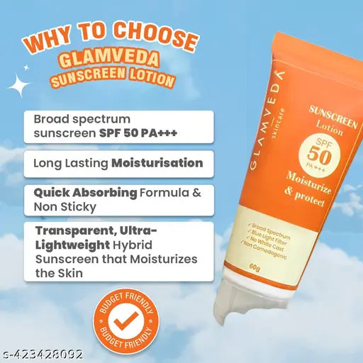 Glamveda  Set Of 3 Sunscreen Fairness & Brightening  Lotion SPF 50 PA+++  UVA/UVB Protection for Glowing Skin, All Skin types 60 ml Each