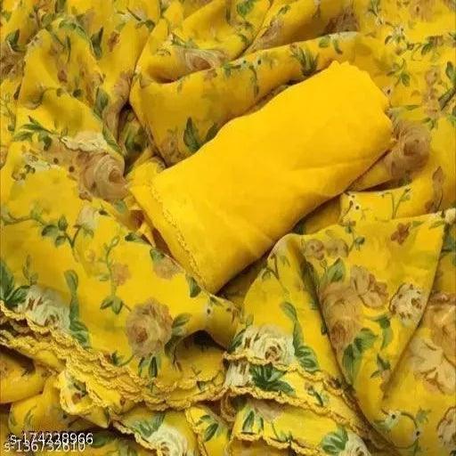 AnyTime's Printed Yellow Georgette Chiffon Saree With Blouse Piece - Springkart 