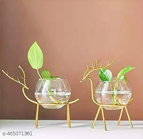 Homown Decor Glass Planter Holder Deer |Glass Pot| Glass Flower Pot| Glass Flower Round Vase Handmade for Decorate House (Set of 2) (Gold)
