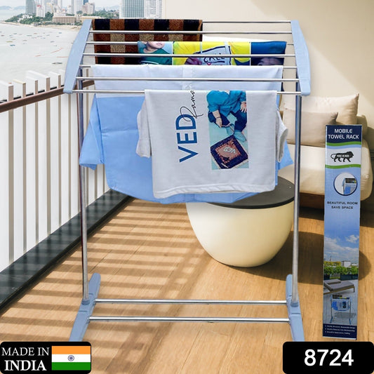 Multi-Functional Single Tier Mobile Towel Foldable Rack for Cloth and Towel / Stainless Steel and Plastic Made Mobile Towel and Cloth Rack Holder Indoor / Outdoor Standing Movable Cloth Dryer Rack, Balcony Cloth Drying Stand - Springkart 