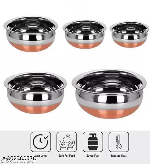 SILVER & COPPER SIZE: 0.500 LTR, 1LTR, 1.200LTR, 2LTR, 2.000 LTR 5 Pieces Copper Bottom HANDI Set/Cookware Set of 5 Pieces With lid Cooking Serving Bowl biryani Milk Pot.(LIFE TIME )