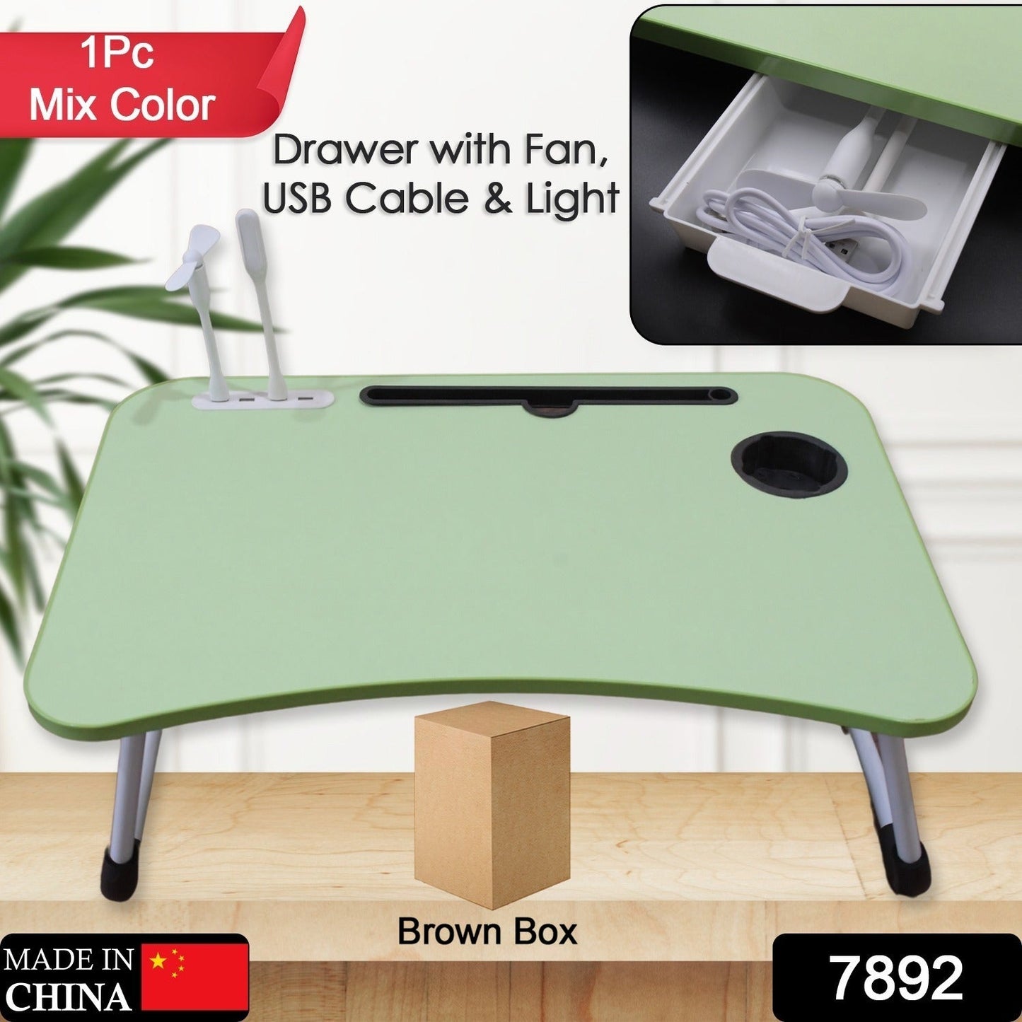 MultiPurpose Study Table Foldable Portable Notebook Bed Lap Desk Tray Stand Reading Holder with Coffee Cup Slot, Drawer, Fan, USB Cable & Light for Breakfast, Reading & Movie Watching (1 Pc Mix Color) - Springkart 