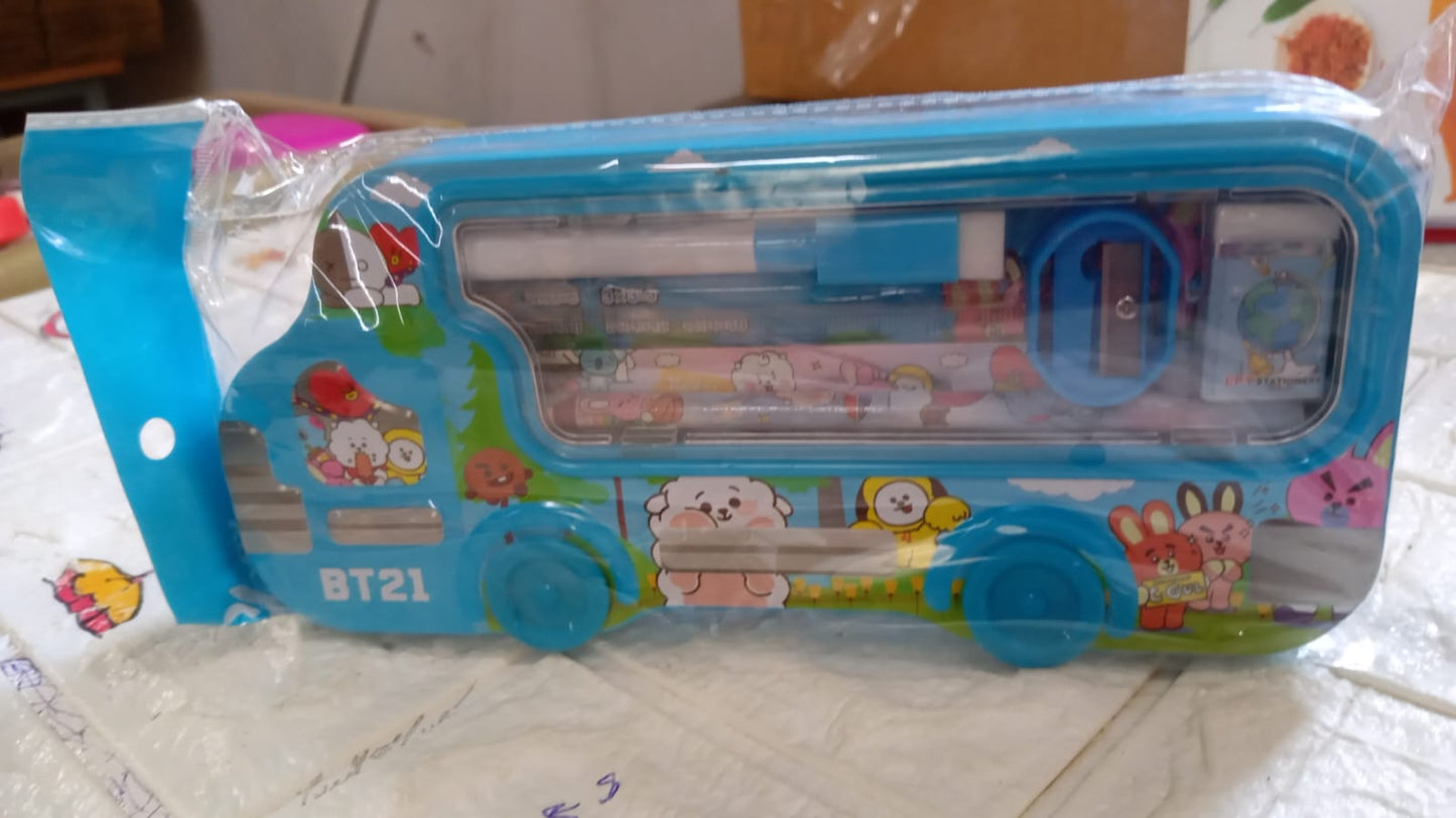 Bus Shape Compass Box for Boys, Kids School Accessories | Pencil Box with Wheels for Girls and Kids, String Operated Case Students School Supplies - Stationery Set Organizer Birthday Return Gift for Kids - Springkart 