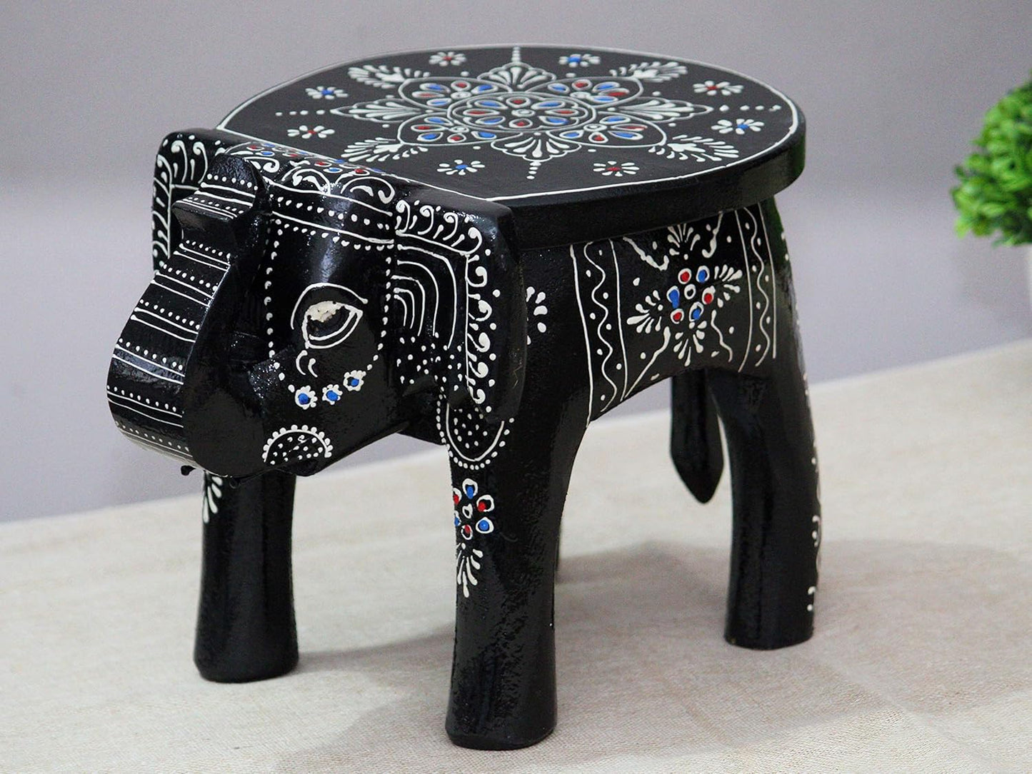 JH Gallery Handcrafted and Emboss Painted Colorful Wooden Elephant Shape Stool Table (8 Inches Height, Black)