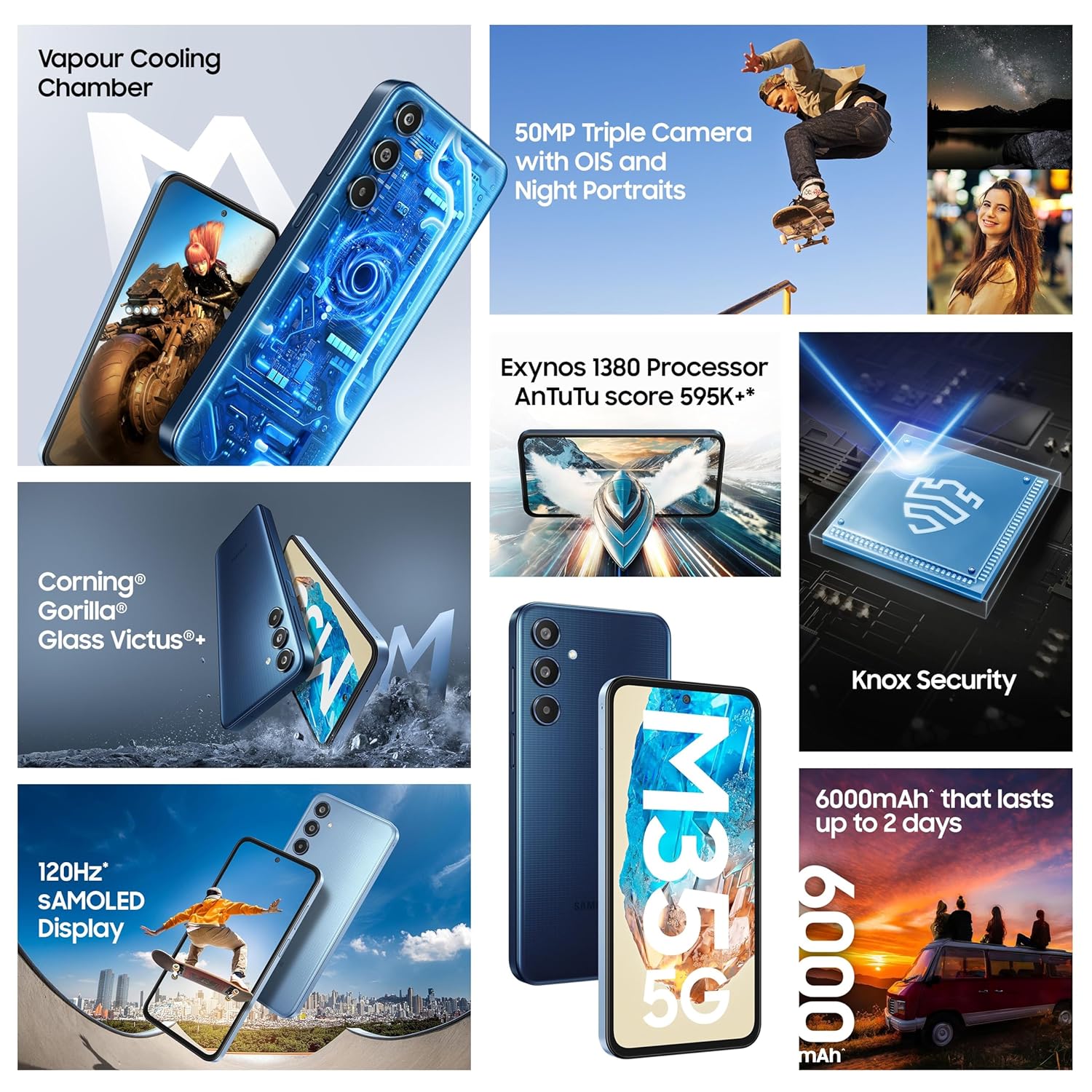 Samsung Galaxy M35 5G (Daybreak Blue,8GB RAM,256GB Storage)| Corning Gorilla Glass Victus+| AnTuTu Score 595K+ | Vapour Cooling Chamber | 6000mAh Battery | 120Hz Super AMOLED Display| Without Charger - Springkart 