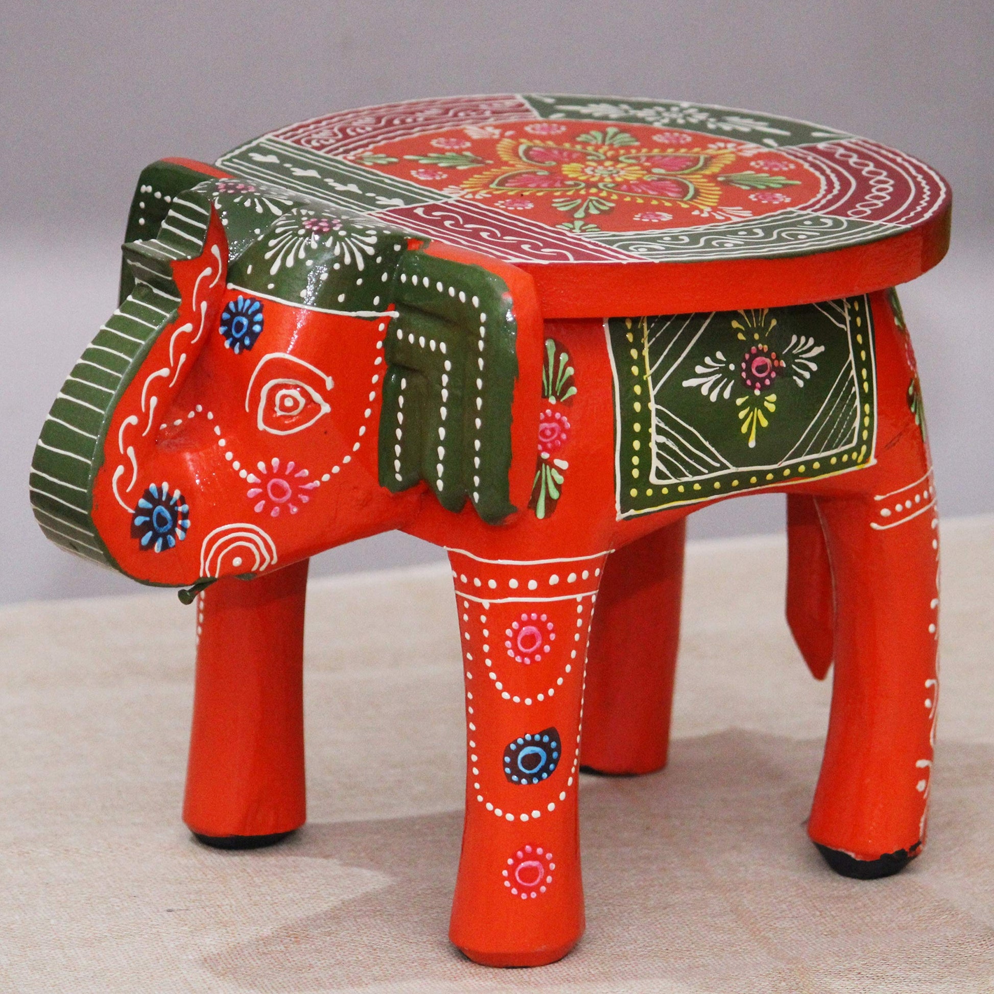 JH Gallery Handcrafted and Emboss Painted Colorful Wooden Elephant Shape Stool Table (8 Inches Height, Black)