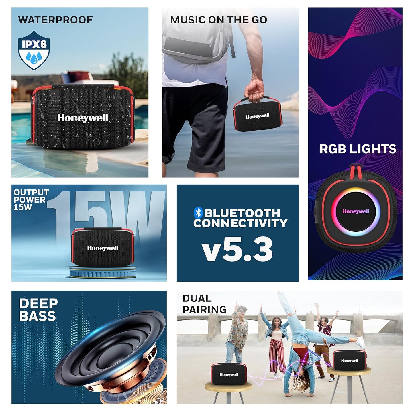 Honeywell Suono P400 Bluetooth 5.3 Wireless Portable Speaker, 15W Output, Deep Bass, 10H Playtime, IPX6, TWS Pairing, RGB Lights, SD/AUX/Type-C Support, Built-in Mic, 78mm Drivers, 2-Year Warranty