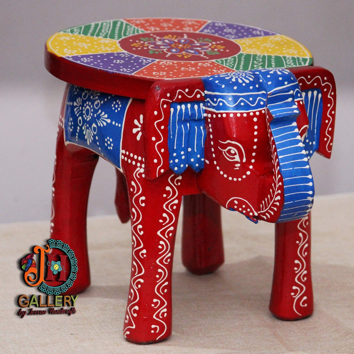 JH Gallery Handcrafted and Emboss Painted Colorful Wooden Elephant Shape Stool Table (8 Inches Height, Black)