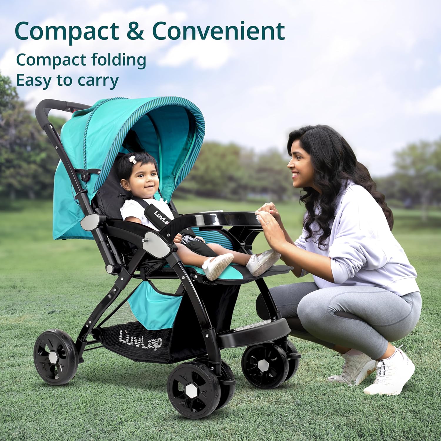 LuvLap Galaxy Baby Stroller, Pram for Baby with 5 Point Safety Harness, Spacious Cushioned seat with Multi Level seat Recline, Easy Fold, Lightweight Stroller for 0 to 3 Years (Green & Black)