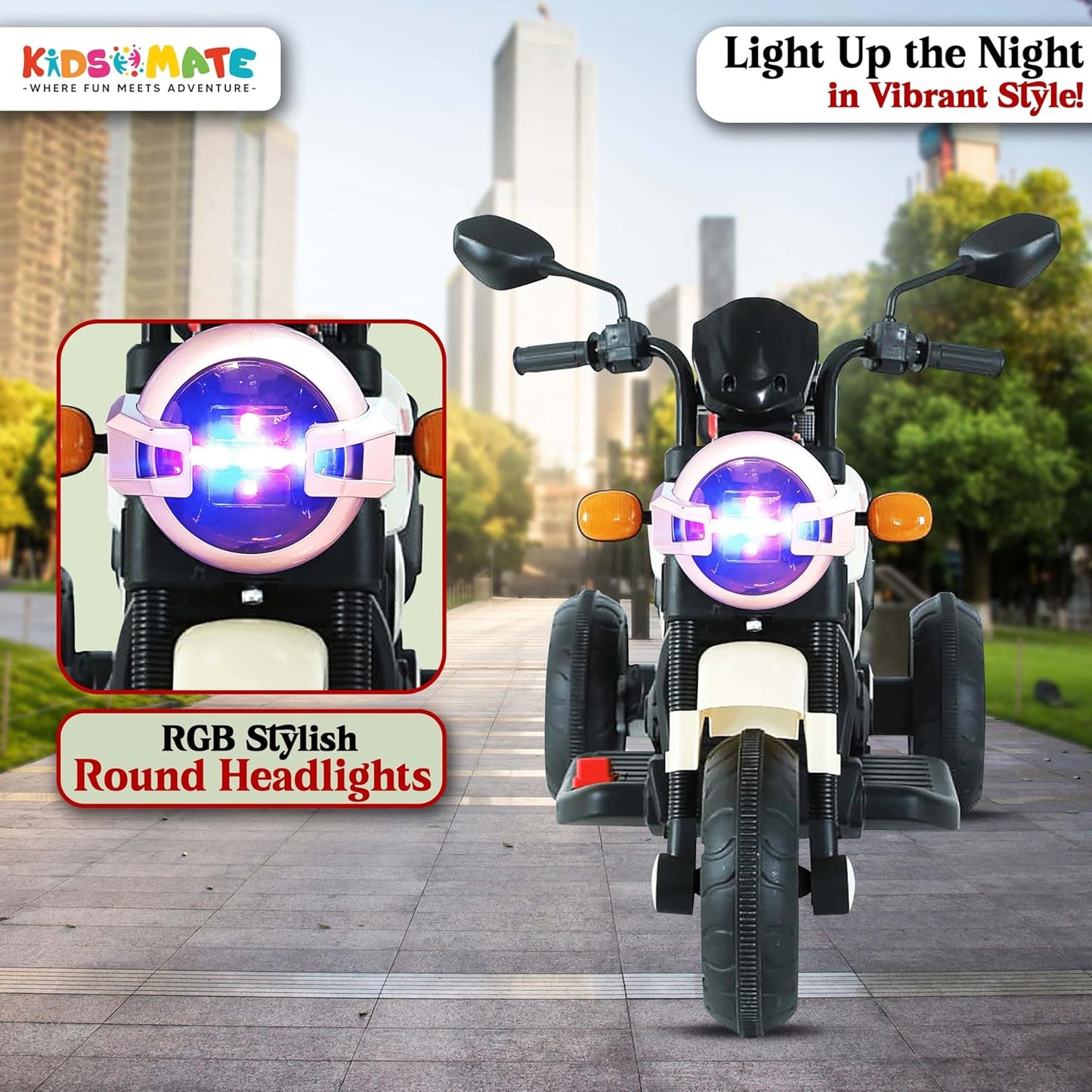 Kidsmate Ride Xtreme Electric Bike for Kids | 6V Battery, MP3 Player, USB, Bluetooth, LED Lights & Foot Accelerator | Battery-Operated Ride-On Bike with Backrest for Boys & Girls Aged 1-5 Years