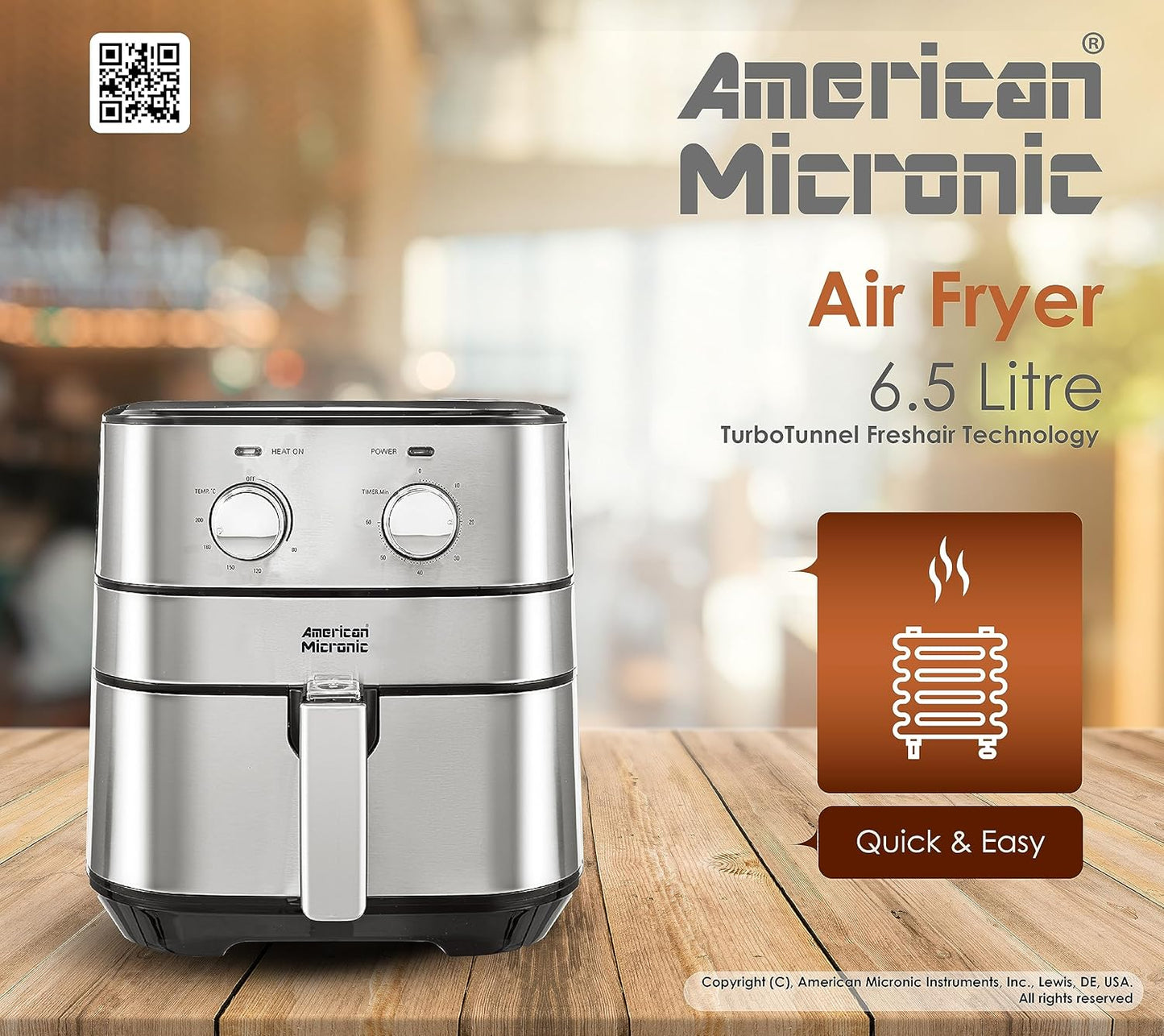 AMERICAN MICRONIC® 6.5 L Air Fryer for Home | 1700W Rapid Air Technology | Removable Basket | 60-Min Timer | Fry, Grill, Roast & Bake | Free Recipe Book | AMI-AFM-65LDx (Black & Steel)