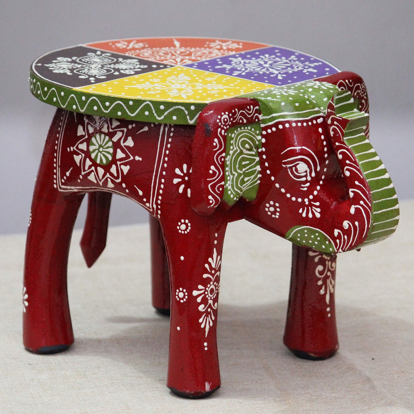 JH Gallery Handcrafted and Emboss Painted Colorful Wooden Elephant Shape Stool Table (8 Inches Height, Black)