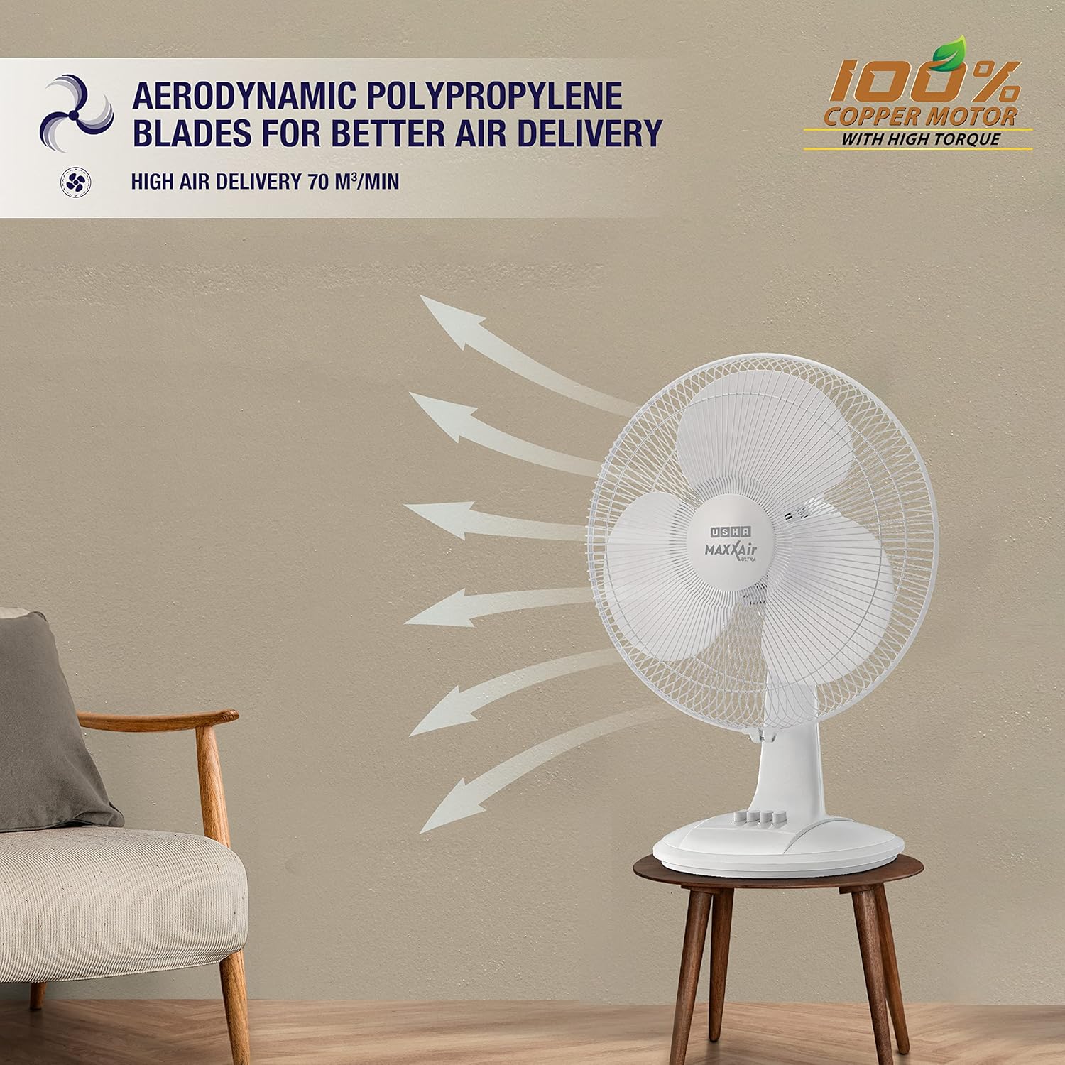 USHA Maxx Air Ultra Table Fan | 400MM Sweep Size | 1350 RPM | Aerodynamic Blade Design for High Air Delivery | Corrosion Protection with Plastic Blades | 3 Speed Settings | 100% Copper Motor | 2 Year Warranty | White