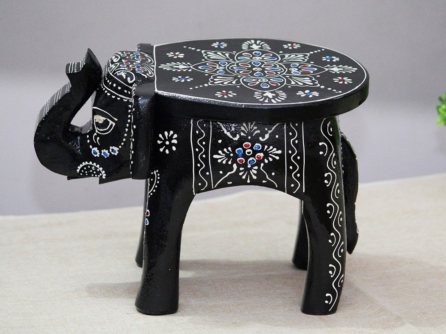 JH Gallery Handcrafted and Emboss Painted Colorful Wooden Elephant Shape Stool Table (8 Inches Height, Black)