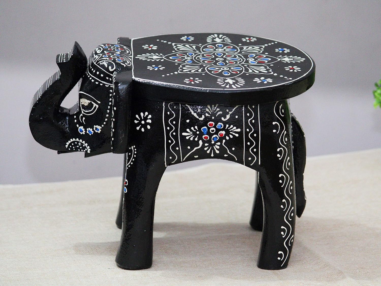 JH Gallery Handcrafted and Emboss Painted Colorful Wooden Elephant Shape Stool Table (8 Inches Height, Black)